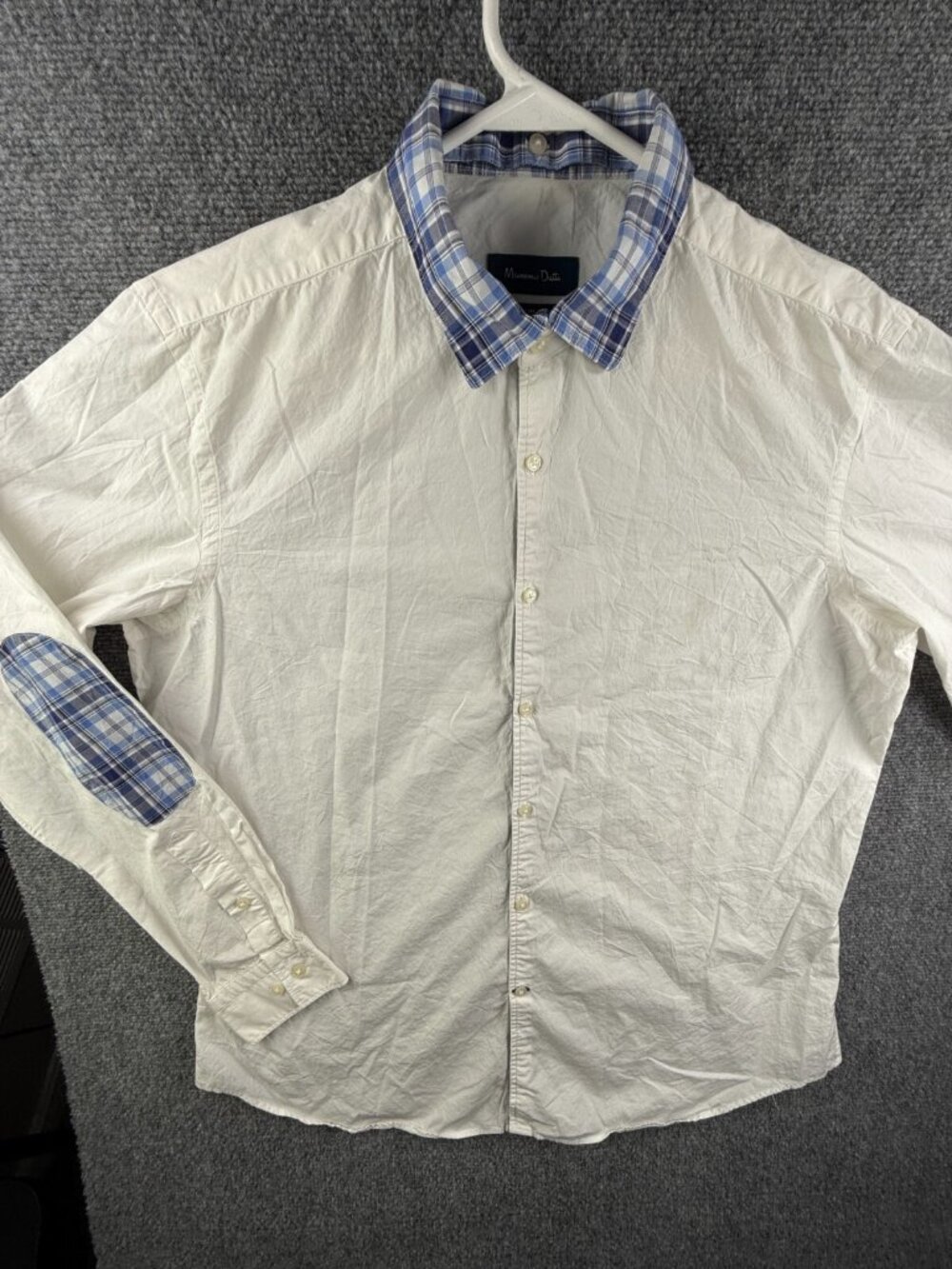 Massimo Dutti White Long Sleeve Button Up Contrast Collar Blue Plaid XL Slim